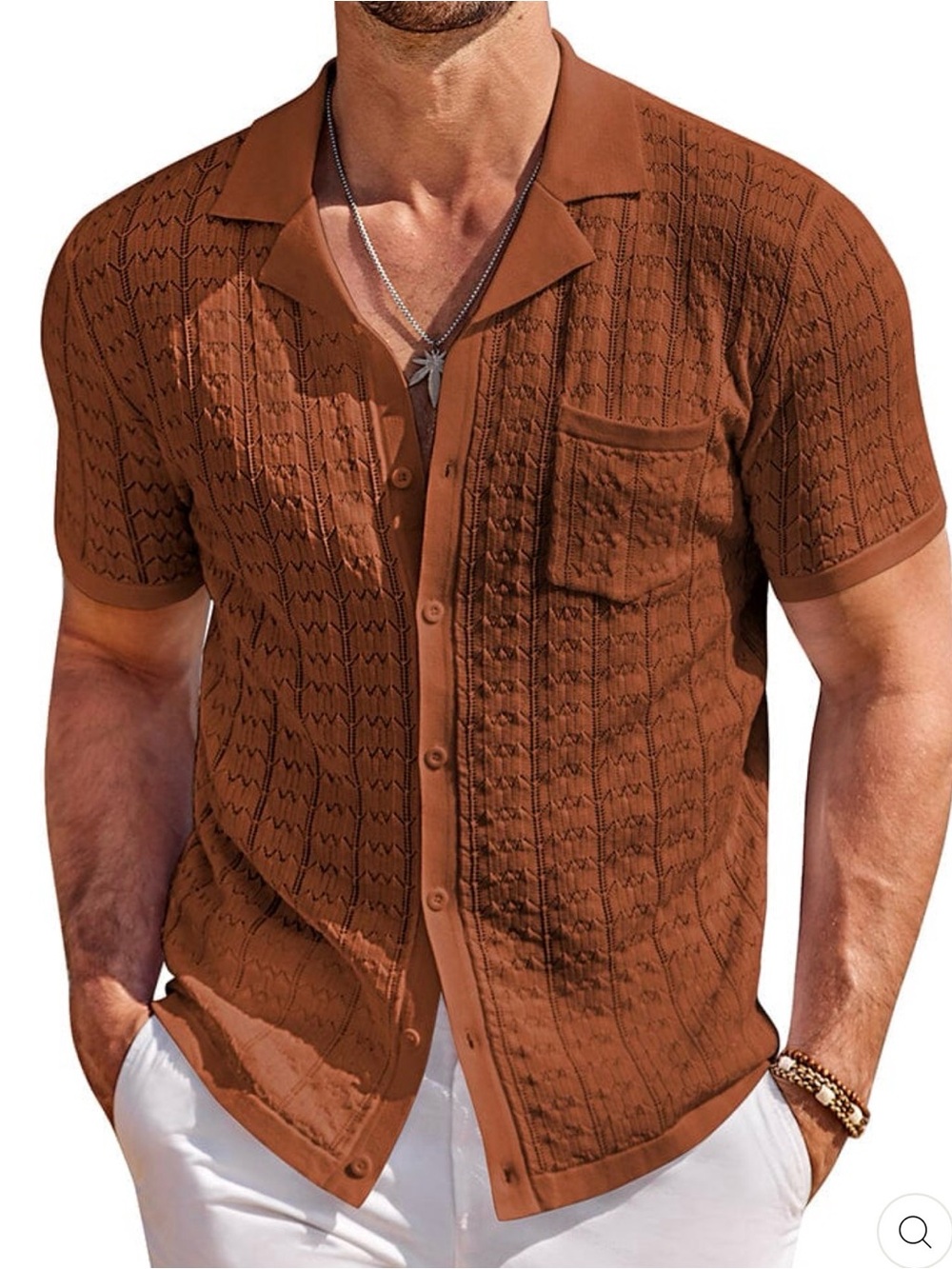 NWT Men's L Short Sleeve Button Down Brown Knit Polo Shirt XL